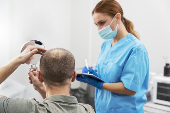 doctor diagnosing male with hair loss problem and noting reasons for hair loss